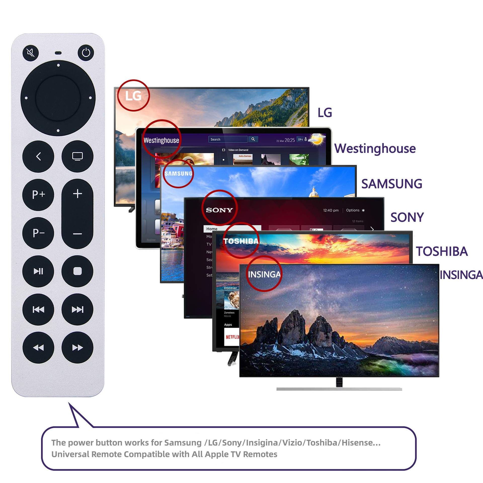 Télécommande Apple TV de remplacement pour Apple TV 4K/Gen 1 2 3 4/ HD A2843 A2737 A2169 A1842 A1625 A1427 A1469 A1378 A1218 (sans voix)