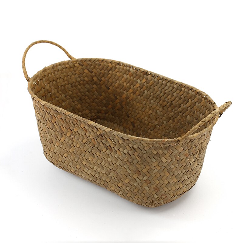 WHISM Handmade Woven Storage Basket Straw Food Picnic Basket Container Makeup Organizer Rattan Bread Fruit Holder Wicker Basket