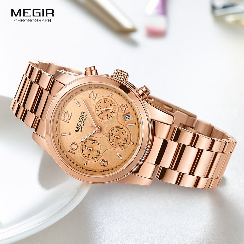 Reloj Megir mujer cronógrafo reloj de cuarzo con oro de acero inoxidable brazalete de acero 24 horas calendario pantalla reloj de pulsera para mujer 2057