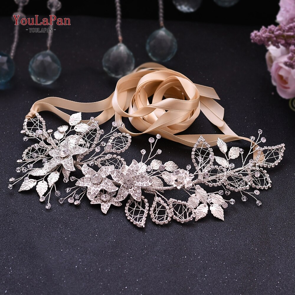 YouLaPan SH282 Rhinestone Belt Silver Diamond Belt Women’s Dress Belt Bridesmaid Dresses Belt Sparkly Belt Floral Bridal Belt: Champagne ribbon