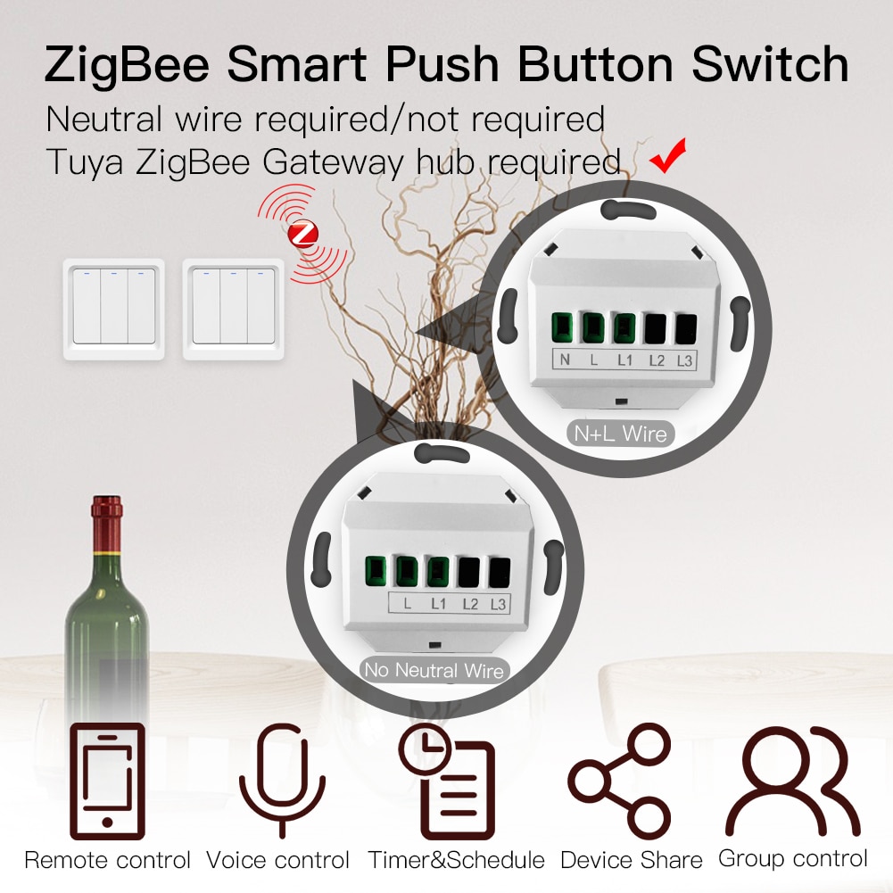 Interruptor de pared inteligente con control por aplicación móvil, pulsador de luz sin cable neutro, necesario N + L, compatible con Tuya, Zigbee, Alexa y Google Home