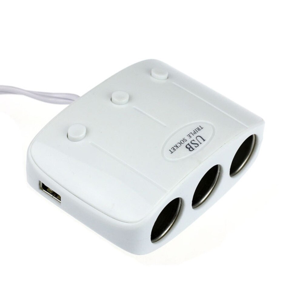 Witte dubbele usb-autoladeradapter met 3 stopcontacten voor sigarettenaansteker, dc-stopcontact, autosplitter, auto-stopcontactadapter