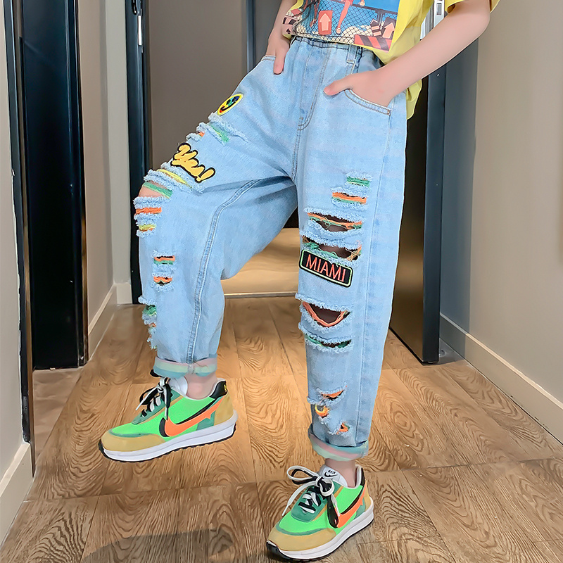 Couleur d'été déchiré pantalon 3-13 ans vêtements pour enfants pour fille taille élastique régulière décontracté filles jean lettre pantalon
