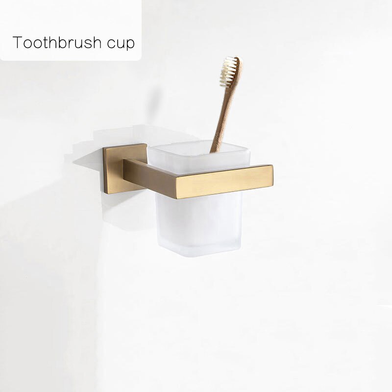 Juego de accesorios dorados para baño Barra de toallas de acero inoxidable 304, soporte de papel higiénico, estante para toallas, gancho, jabonera, cepillo para inodoro: toothbrush cup