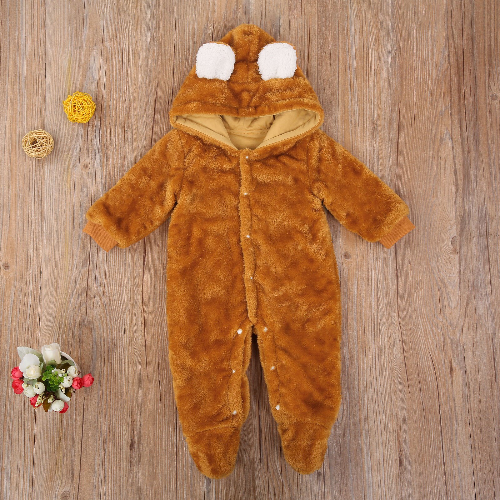 Baby Jongen Meisje Winter Romper Lange Mouw Herfst Verse Pluche Effen Kleur 3D Oren Hooded Een Stuk Lange Broek