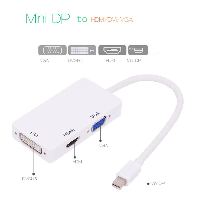Mini dp til hdmi dvi vga adapter 3 in 1 hub mini displayport 1080p video adapter konverter til imac apple pro air (hvid)