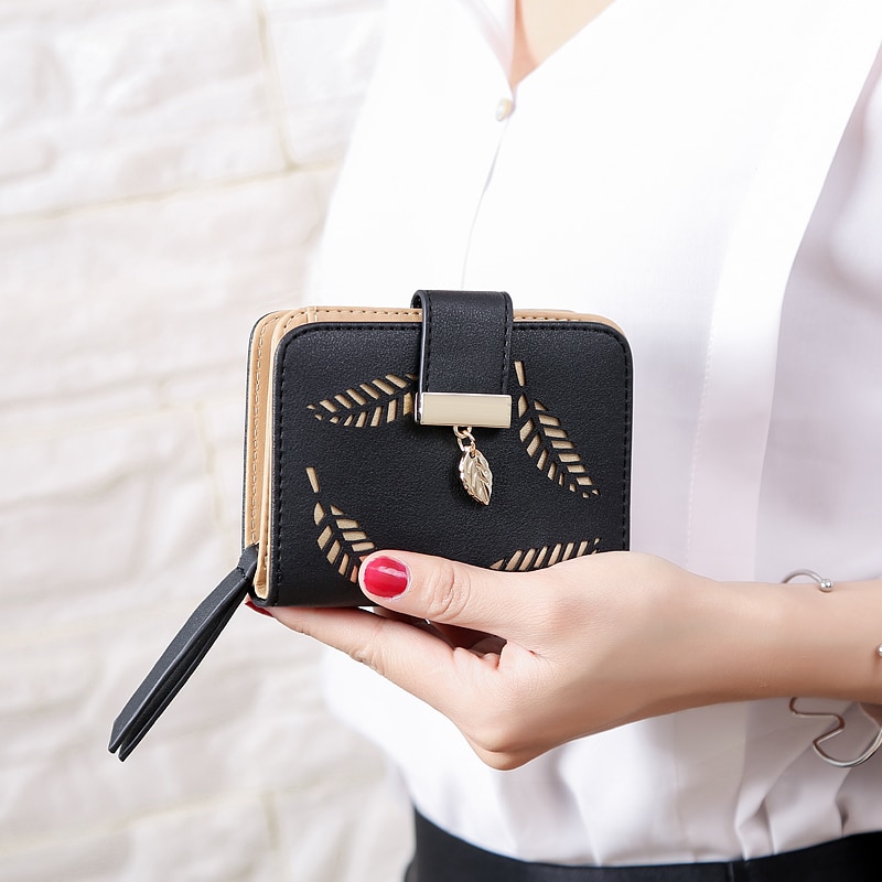 Mode Vrouwen Portemonnee Vrouwelijke Korte Portefeuilles Holle Laat Pouch Handtas Voor Vrouwen Coin Pu Lederen Portemonnees Kaarthouder Carteira: Black
