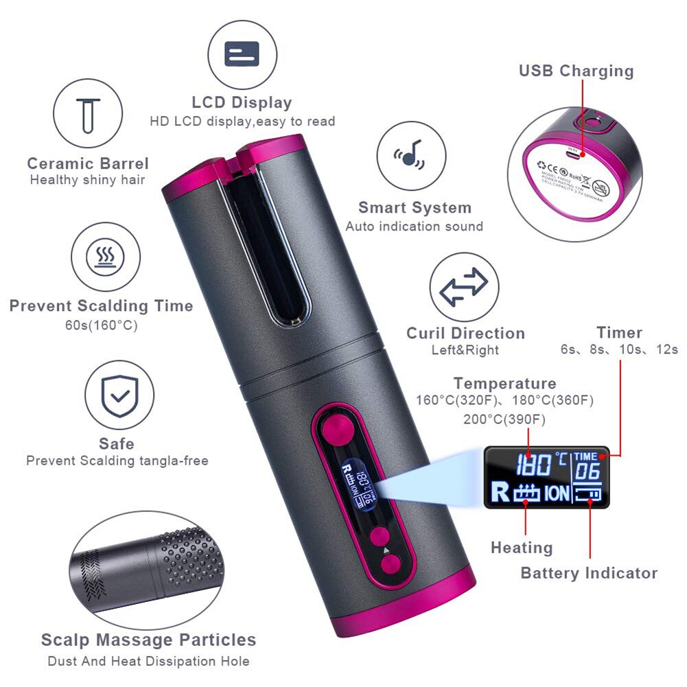 Bigoudi de cheveux automatique fer à friser sans fil USB Rechargeable Air rouleau en céramique Perm facile à utiliser des outils de coiffure pratiques