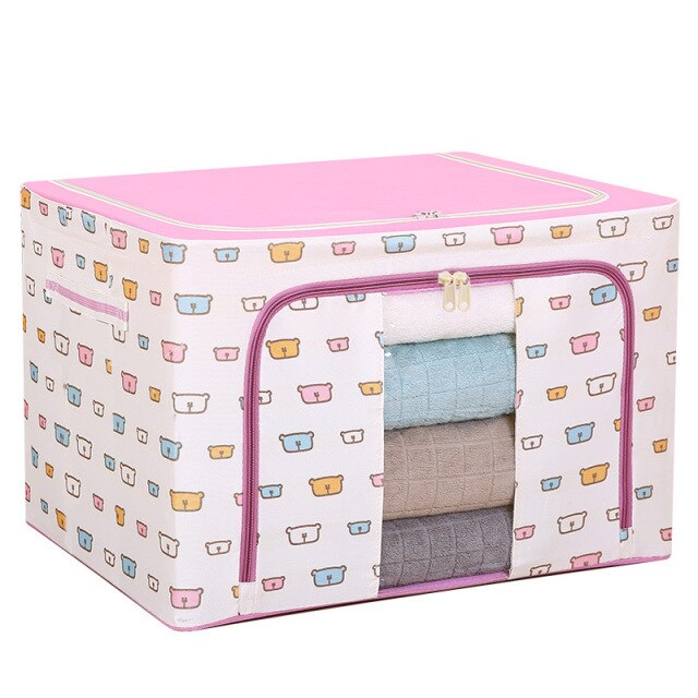 Foldable Oxford Cloth Steel Frame Storage Box Fabric Quilt Waterproof Tide Livingbox Closet Organizer Wardrobe Storage Organizer: Pink bear