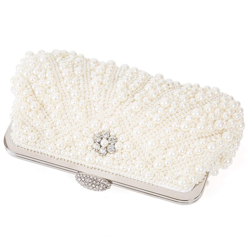 Women Pearl Clutch Bags Evening Bag Purse Handbag For Wedding Chain Bag For Dinner Party, White