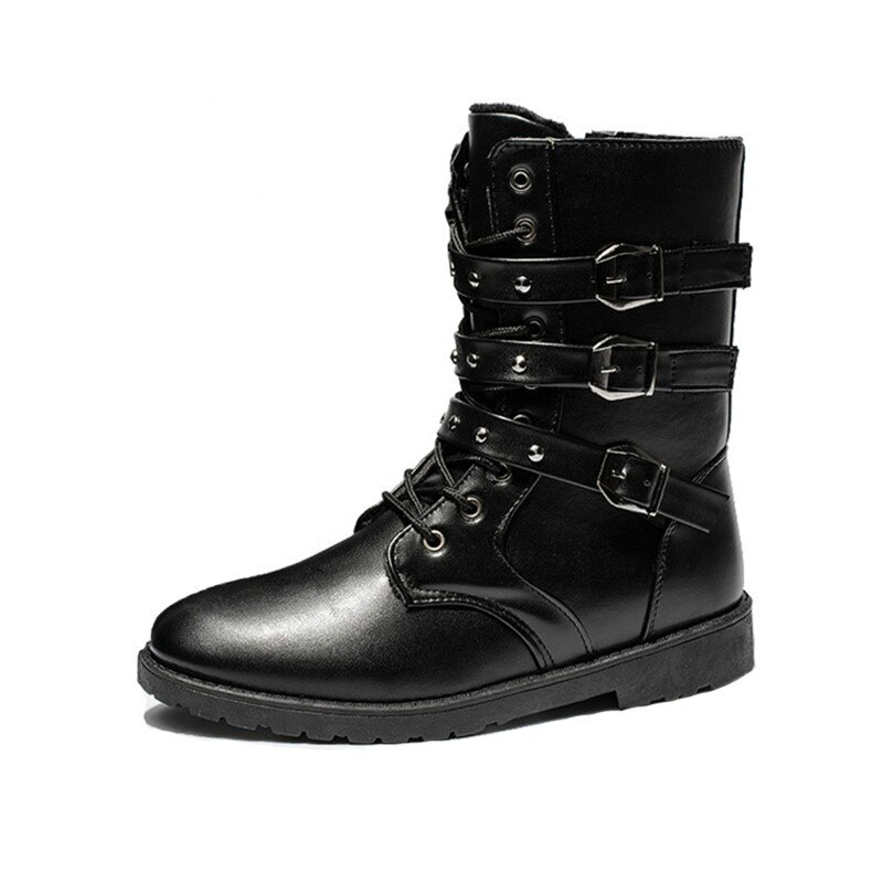 Winter stoere heren laarzen plat met bont motorlaarzen heren top metalen gesp veterschoenen halfhoge koppels