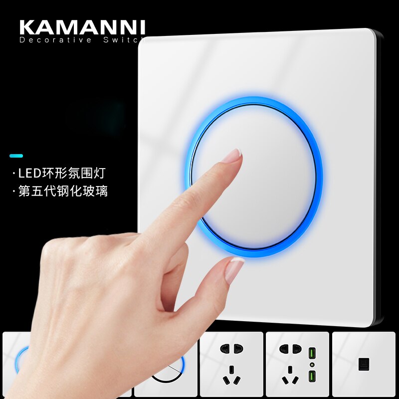 KAMANNI luxury light push button switches Glass panel Wall power light switch with indicator light 1 2 3 4 gang 1 2-way 220V