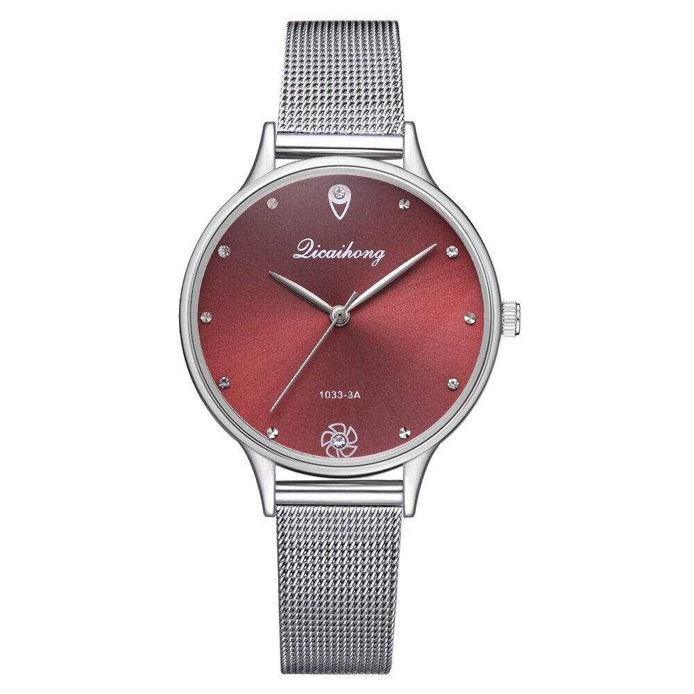 Women Green Dial Bracelet Quartz Clock Metal Silver Belt Dress Watches For Ladies Women: Red