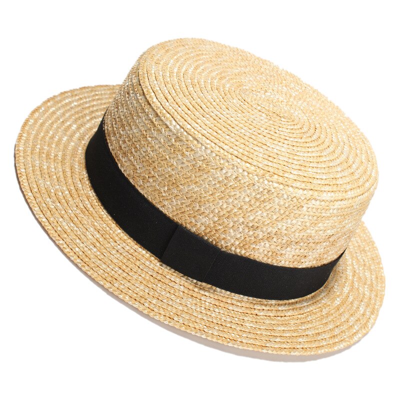 Sun Hats Natural Wheat Straw Boater Top Hat Women Summer Beach Flat Brim Cap Bowknot Ribbon for Sombreros De Sol: 1