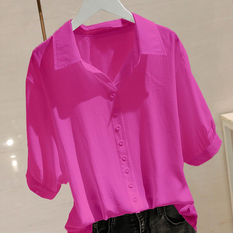 Summer Korean Solid Lapel Buttons Simple Oversized Short Sleeve Shirt Female Loose Casual Fruit Green Blouse Blusas: XXXL / Rose Red