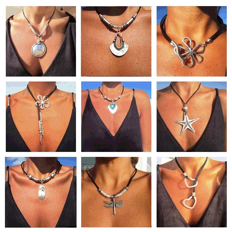 Collar de cuero con colgante de estrella de mar para mujer, joyería Bohemia de playa, de