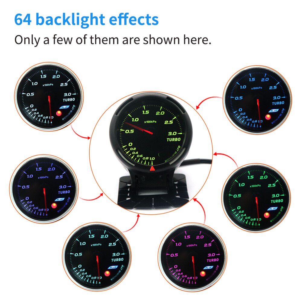 Modified Auto Car Instrument 12V 64 Color Backlight Adjustable 300KPa Turbocharger Gauge Car Meter with Sensor (Black)