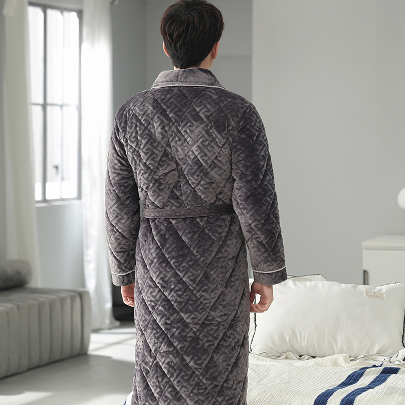 Mens Bathrobe Men Long Sleeve Nightgown 3 Layer Cotton Padded Thick Warm Men's Kimono Flannel Robe Sleeping Nightgown