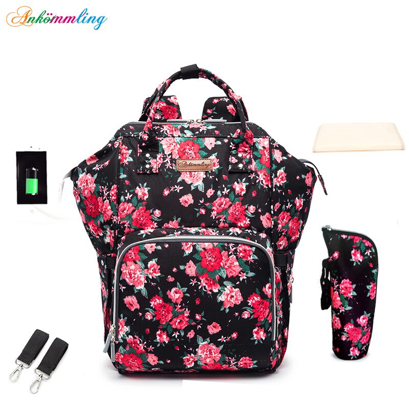 Ankommling Stijl Gemengde Kleuren Mother 'S Bag Multi-Functionele Grote Capaciteit Schouder Mama Tas Usb Rugzak: Peony