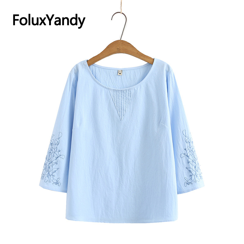 Bloemen Borduren Tops Vrouwen T-shirt Plus Size Drie Kwart Mouw O-hals Tops Xxxl 4XL KKFY5275