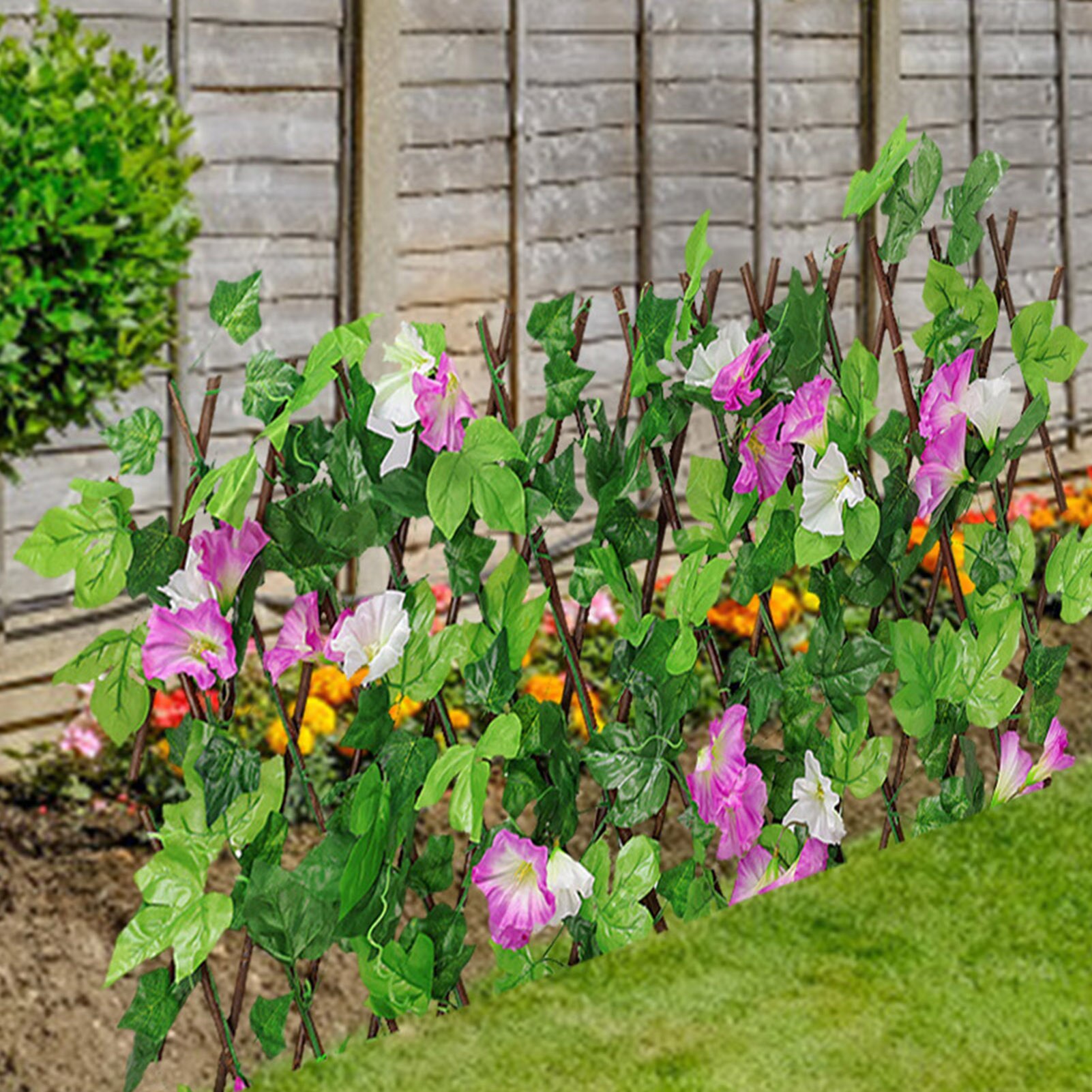Retractable Flowers Artificial Garden Trellis Fence Expandable Faux Ivy Privacy Fence Wood Vines Climbing Frame Gardening Plant