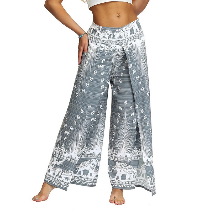 Womens Palazzo Slit Wide Leg Pants Summer Casual Beach Boho Print Pants Plus Size High Waist Gym Yoga Pants Sweatpants