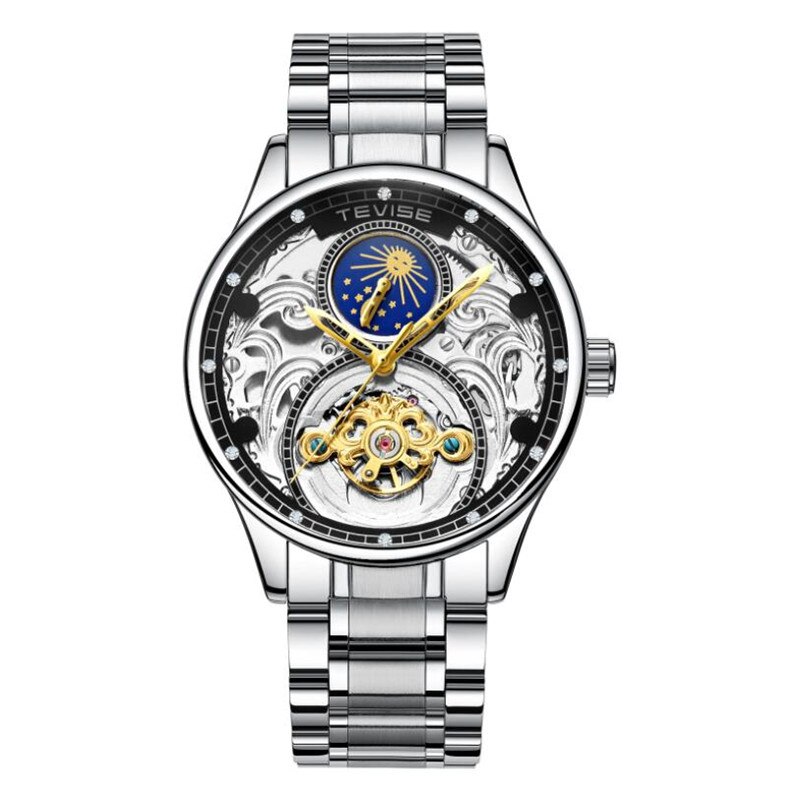 Montre TEVISE phase de lune tourbillon creux automatique mécanique en acier inoxydable poignet hommes montres main bracelet montre: Color 06
