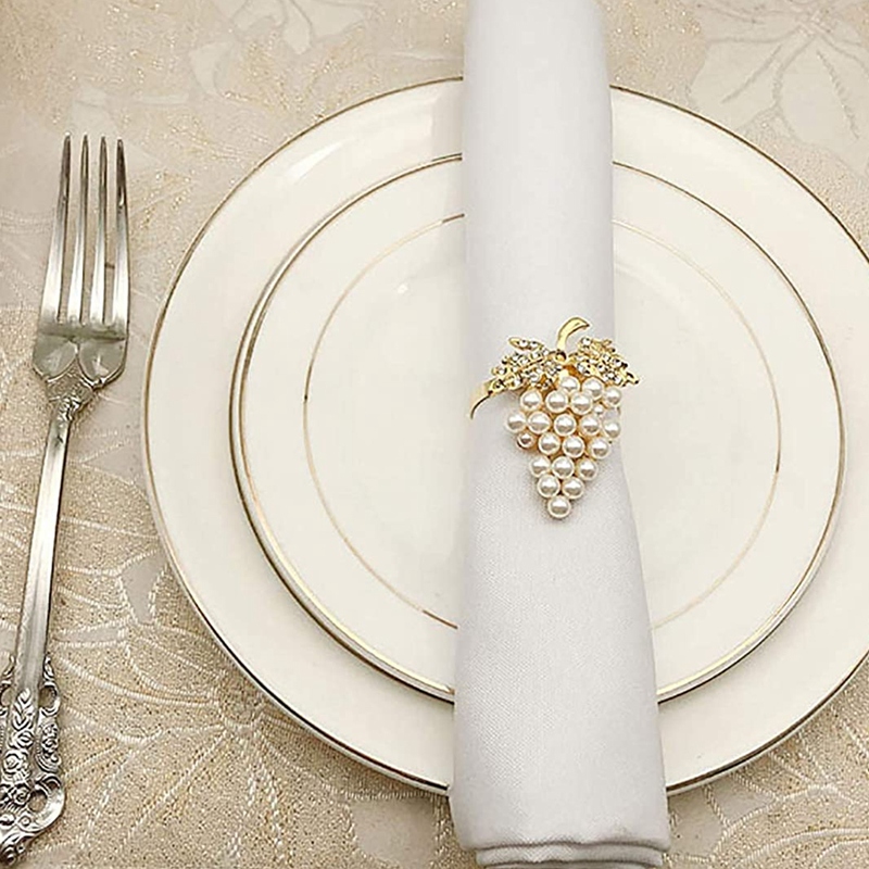 Druiven Servetringen Set Van 6, Met Glinsterende Imitatie Diamanten En Parels Inlay Legering Servetring Houder
