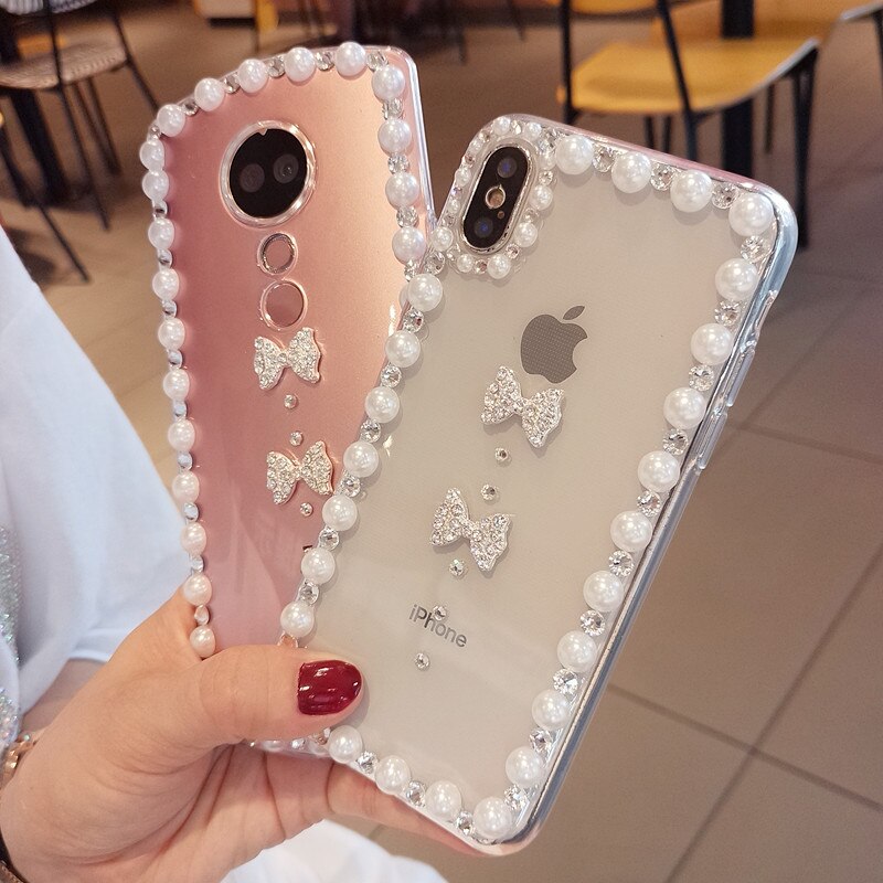 For ZTE Blade A3 A5 A7 V9 V10 Vita L8 Axon 7 Nubia Z17 Z11 Max N1 Diamond Bow Cover Pearl Rhinestone case