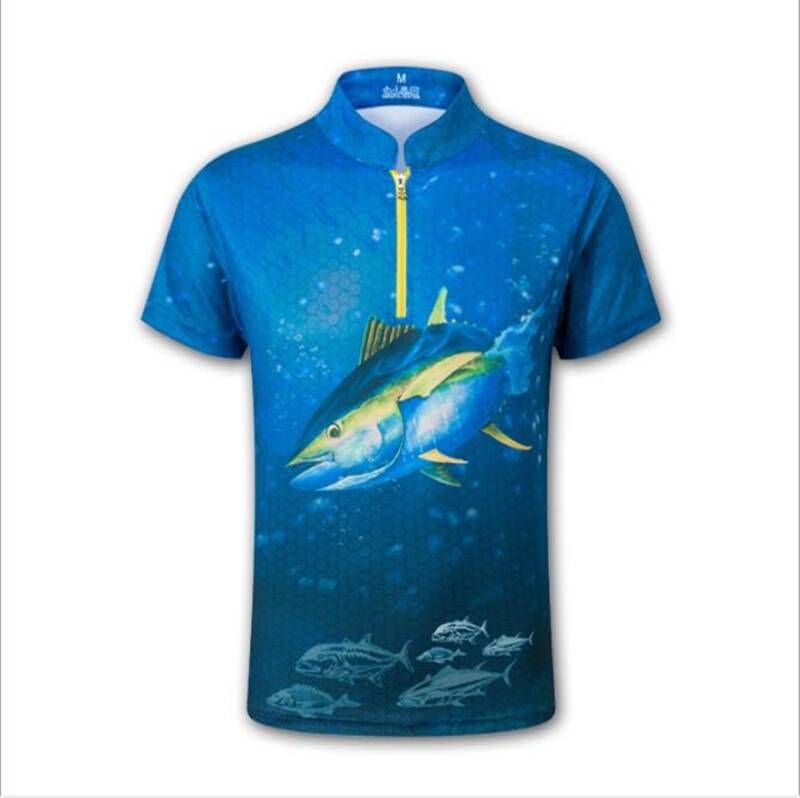 Outdoor men fishing clothes breathable quick dry Anti UV 40+ Anti mosquito stand collar man fishing Shirts: Short sleeve blue / XXL