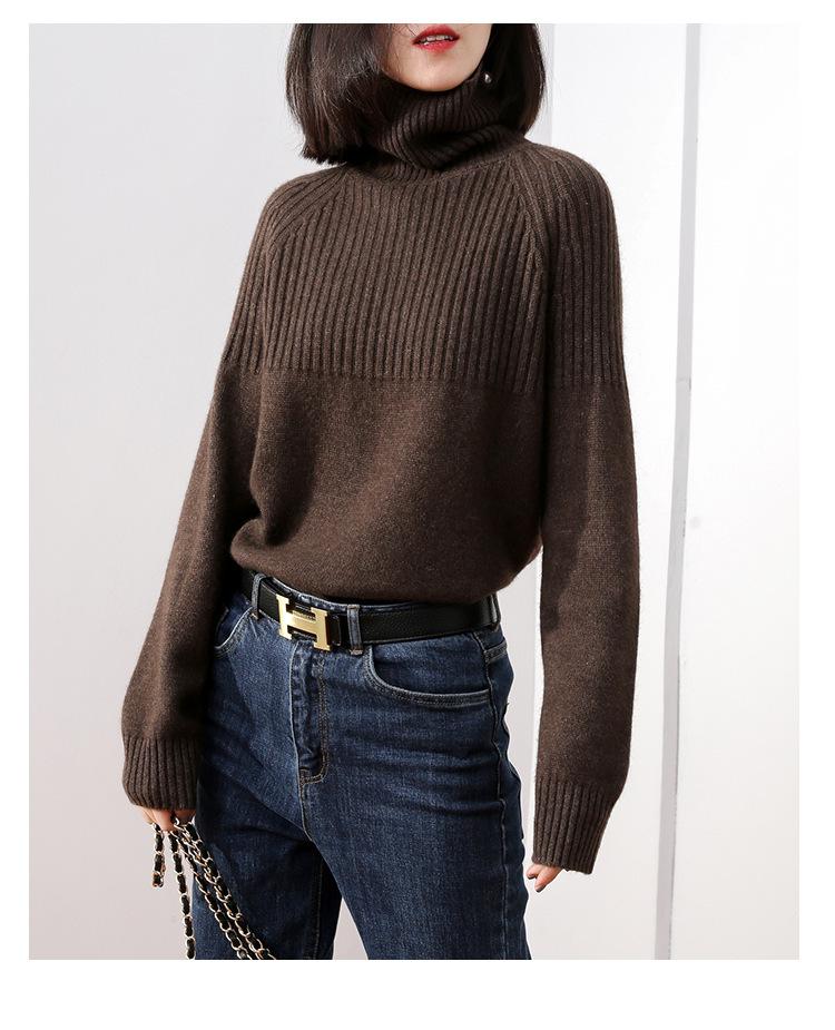 Retro kashmir genser med turtleneck dame genser langermet løs solid tykk vinter dame genser dame: Kaffe / S