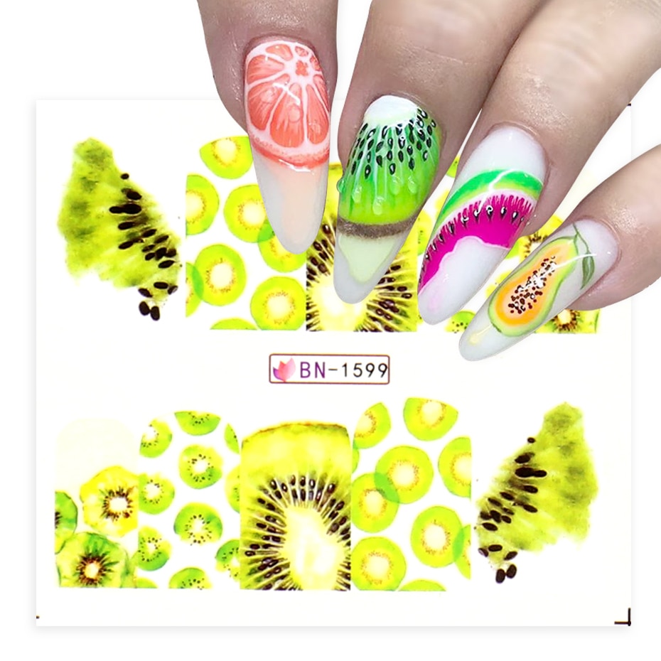Sommer vand nail art klistermærker frugt med edderkoppe linjer transfer decals kiwi citron avocado manicure skyder bebn 1597-1608-1