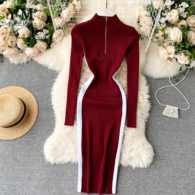 YuooMuoo Autumn Winter Women Sweater Dress Zipper Collar Long Sleeve Casual Knitted Bodycon Dress Slim Stretchy Ladies Dresses