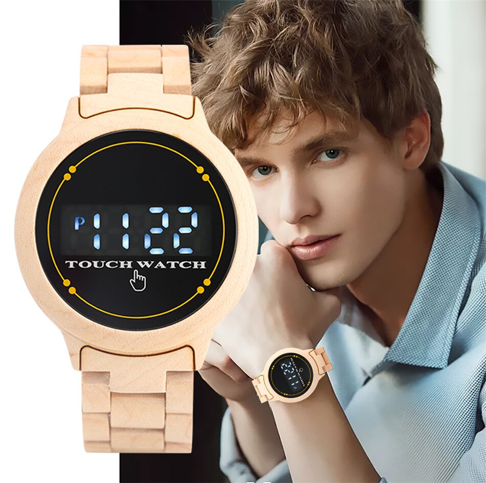 Touchscreen led elektronisch houten horloge heren digitaal houten armband polshorloge vouwsluiting sport casual herenhorloges: A