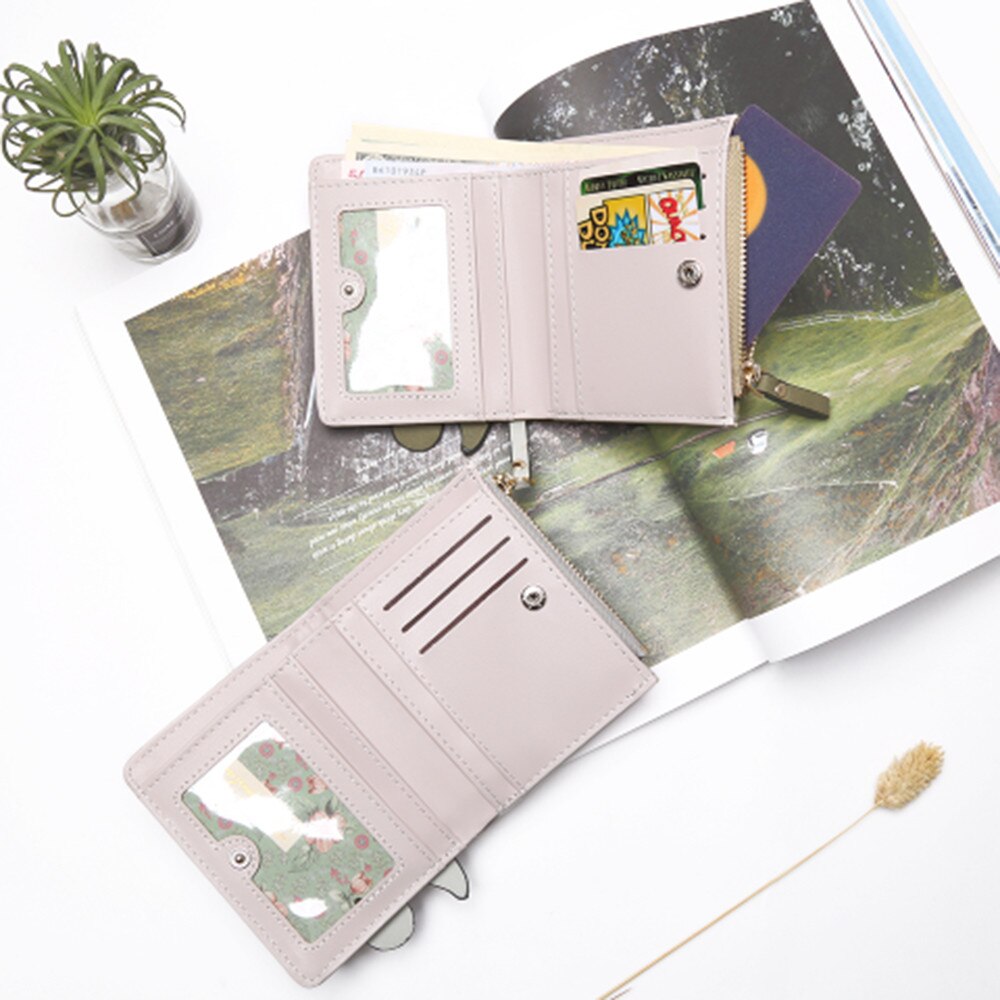 Damesportemonnee met schattige cartoondieren, kort leren damesportemonnee met rits, kaarthouder voor meisjes