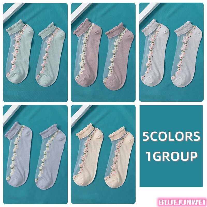 5 paires de chaussettes pour femmes, été, motif floral, chaussettes en soie, cristal, douces, en coton, respirantes, à la cheville: 15