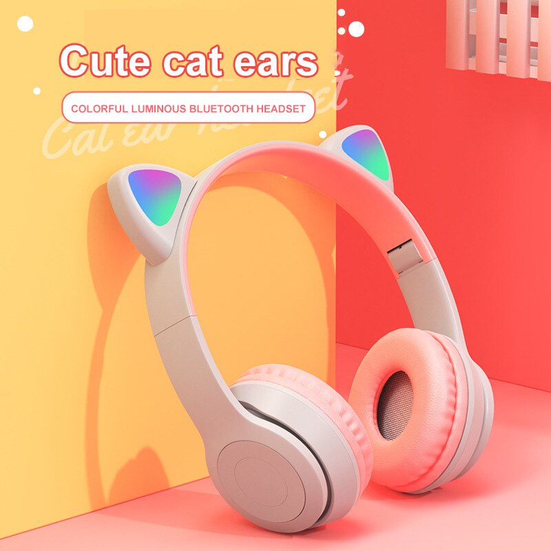 Leuke Kat Oren Bluetooth Draadloze Hoofdtelefoon Met Microfoon Kan Controle Led Kid Meisje Stereo Muziek Helm Telefoon Headset