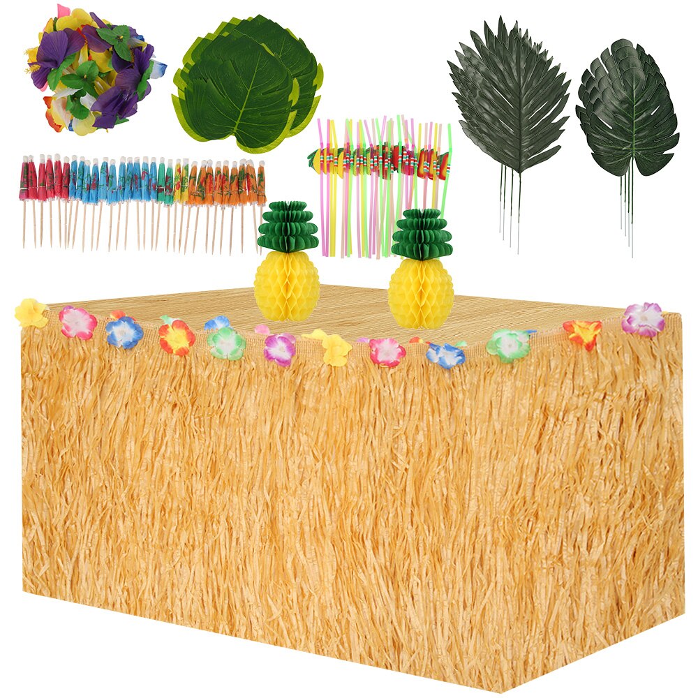 119pcs Summer Tropical Hawaiian Party Table Skirt Artificial Palm Leaves Flower Jungle Beach Theme Hawaii Party Decoration: Straw