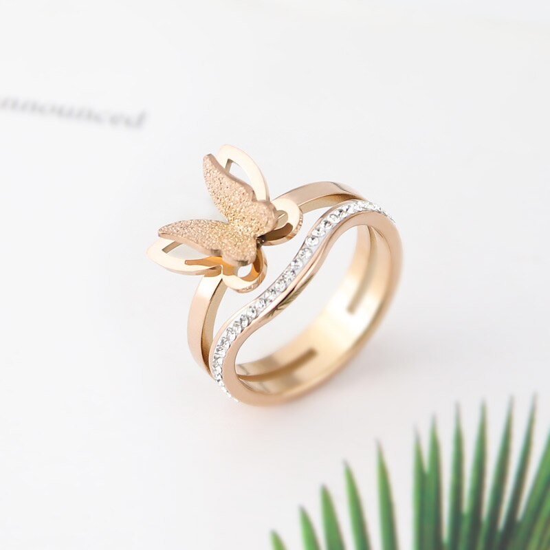 Koreanischen Stil edelstahl Schmuck matt Schmetterling Kristall Ring Frau Party Liebe Gft