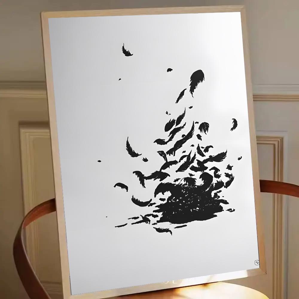 Zelfklevende poster met schilderij en prints voor slaapkamer en woonkamer, minimalistische zwart-wit berglandschap met bomen en kraaien.