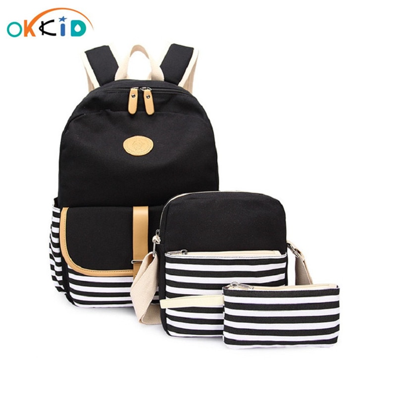 3 stücke schwarz und weiß gestreiften leinwand schule Rucksack für mädchen streifen stift bleistift tasche bookbag freundlicher schule tasche Schüler Rucksack einstellen