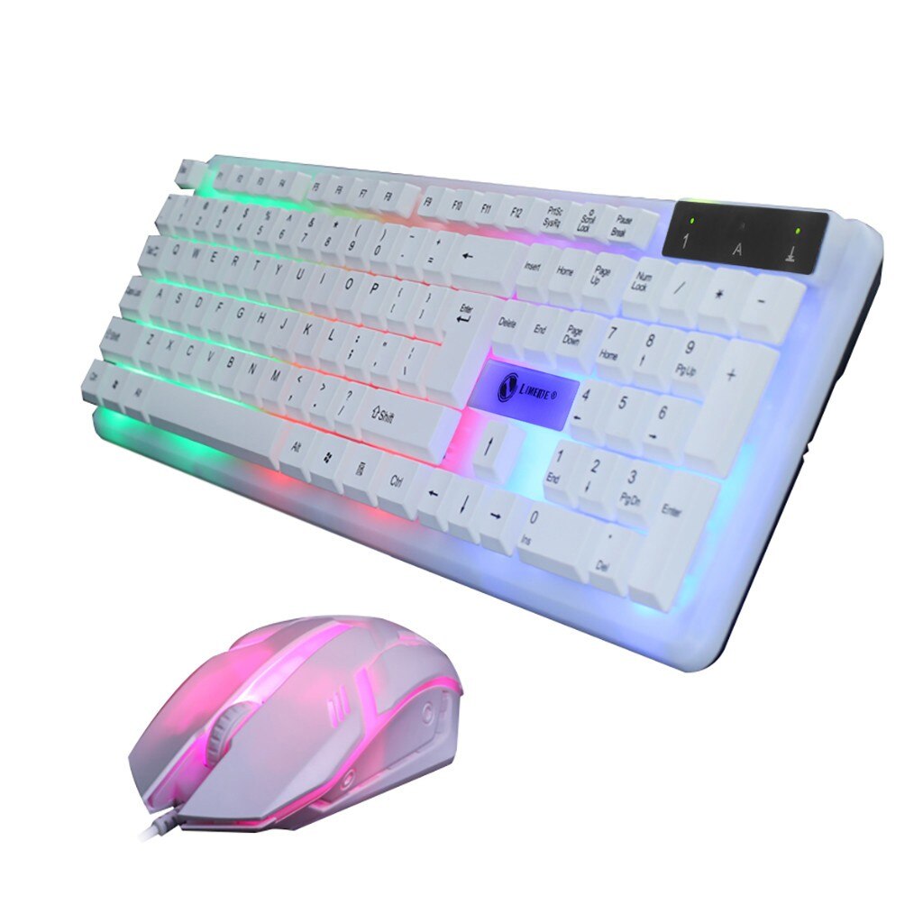 Colorful LED Backlit Wired Keyboard Mouse Set Gaming Keyboard Gamer Mouse tripod Keyboard Home Office PC Laptop: White