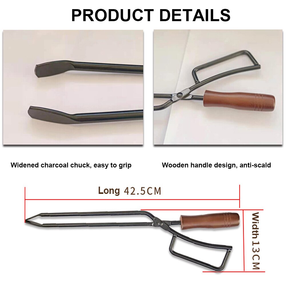 Firewood Tongs with Wood Handle Metal Heat Resistant Barbecue Fireplace Tongs Oven Cooking Tong Kitchen Supplies Tool