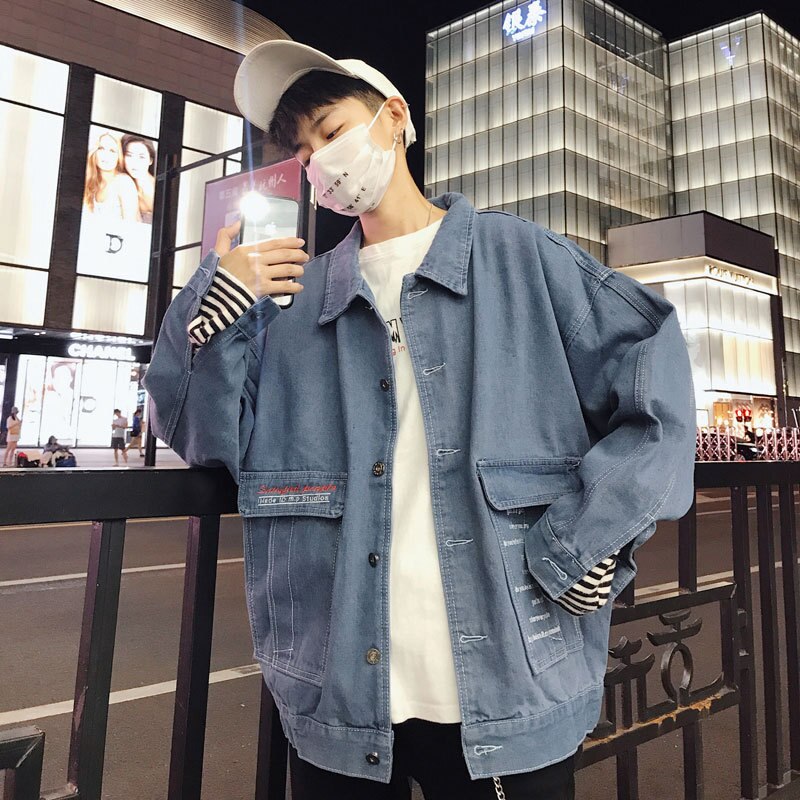 men\'s embroidery denim jacket loose Korean bf short hip-hop early autumn popular trend students teenagers coat: XXL