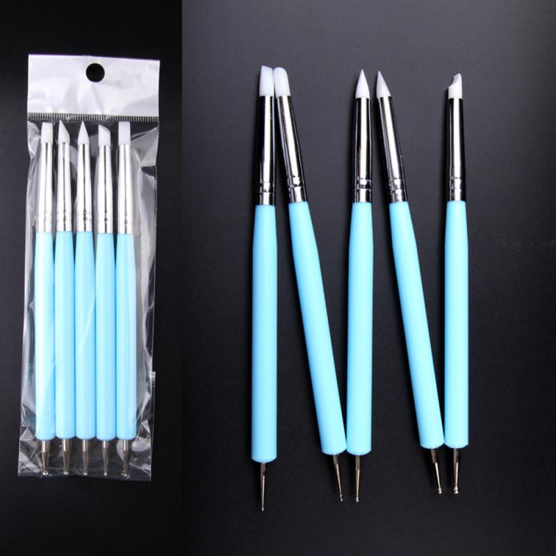 5 Stks/set Nail Art Borstel Set Double Head Silicone Rhinestone Nail Art Brushe Potlood Nail Art Verf Pen Diy Nail manicure Tool: Blauw