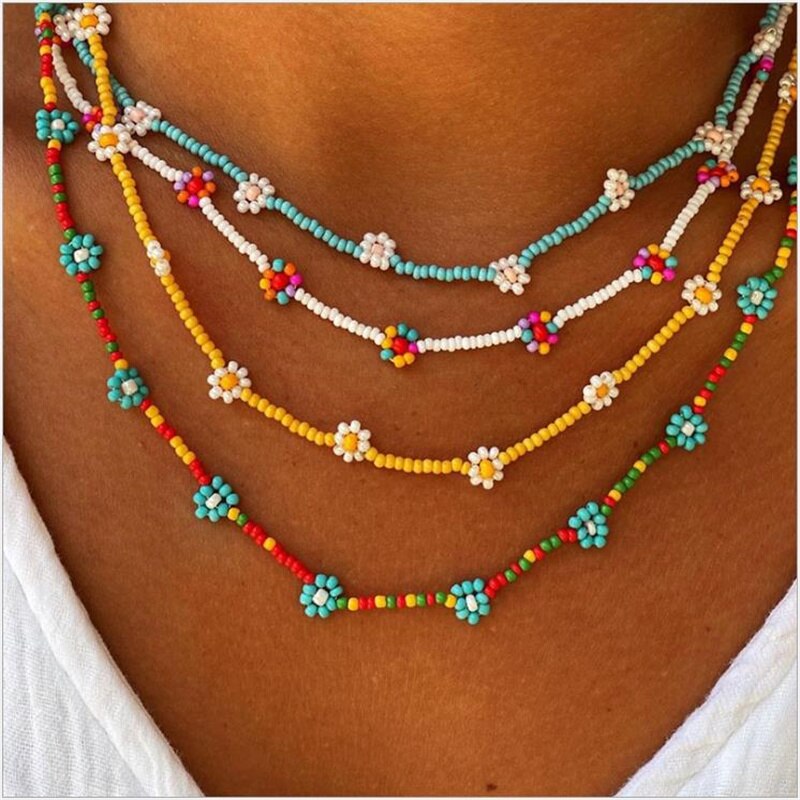 Collier ras du cou court pour femmes, jolie chaîne de perles colorées avec des fleurs de marguerite, bijoux de , coréenne