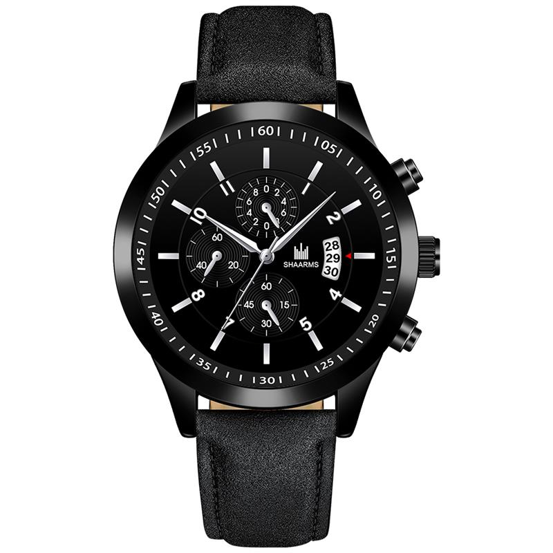 Shaarms herenhorloge met zwarte leren band, quartz polshorloge, sporthorloge voor heren, relogio masculino, reloj hombre: A
