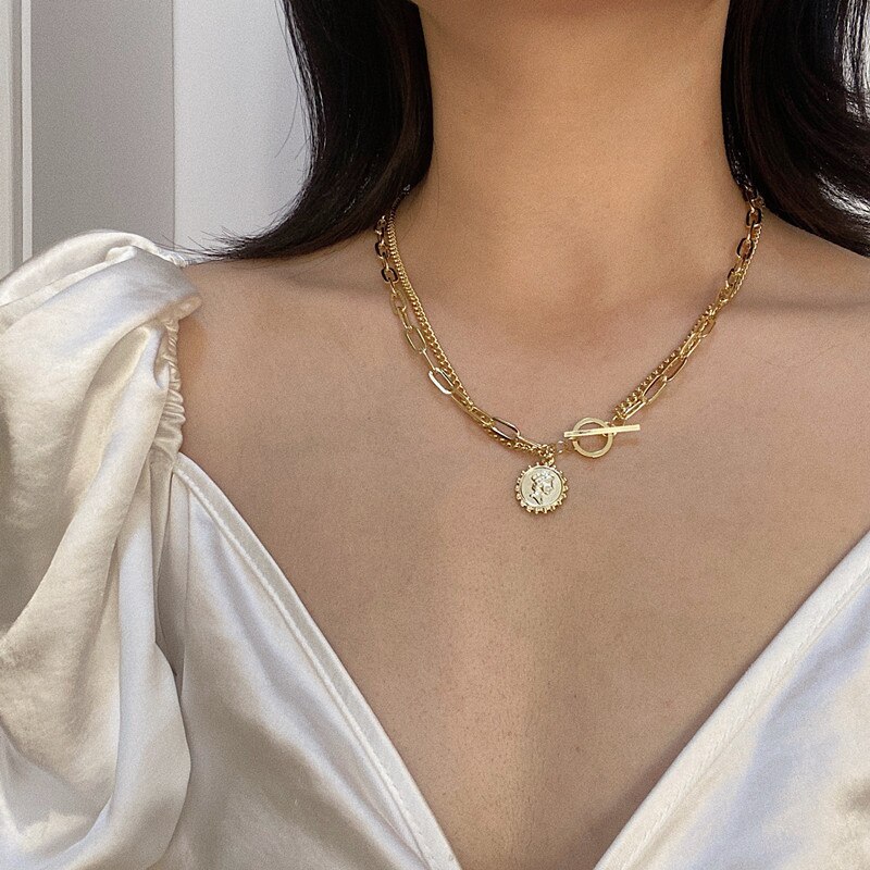 KUSS FRAU Goldene Multi-schicht Perle Perle Kette Halsketten Für Frauen Münze Porträt Anhänger Kragen Choker 2021Trend schmuck: 55-KWK0317