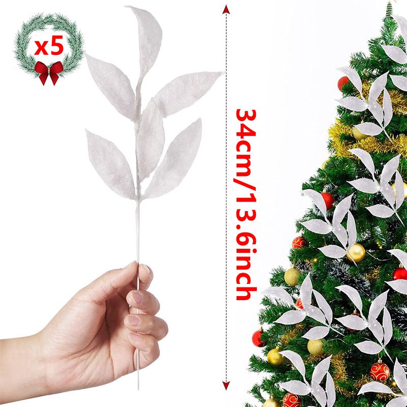 Weiße Weihnachts-Glitzerblätter, 34 cm, künstliche Weihnachtsbaumzweige für Weihnachtsbaum, Heimdekoration, DIY-Kranz, Basteln,