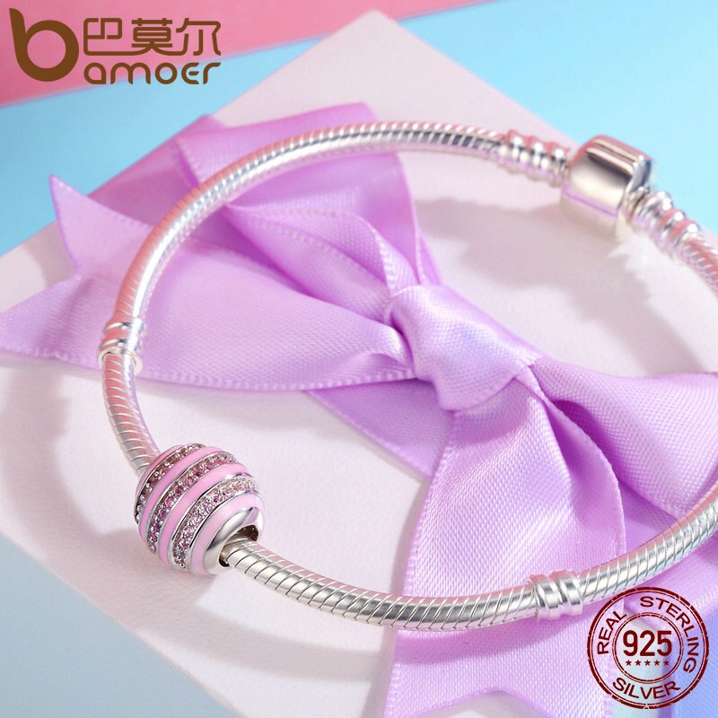 BAMOER, , rueda de cambio Gradual de Plata de Ley 925, esmalte rosa, cuentas de zirconia cúbica transparente aptas para pulseras de dijes para mujeres, joyería DIY SCC344